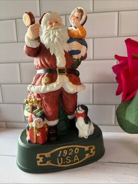 Santa with Child and Dog Figurine - Red & Green Holiday Decor 1920